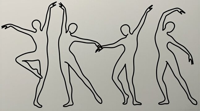 Abstract continuous line drawing of dancing figures on white background. Black outline silhouettes show rhythmic motion of human bodies in elegant poses. Minimalist graphic design concept presents