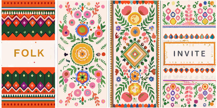 traditional folk art designs with vibrant floral patterns on colorful backgrounds colors pattern artwork culture heritage ornamentation geometric shapes botanical