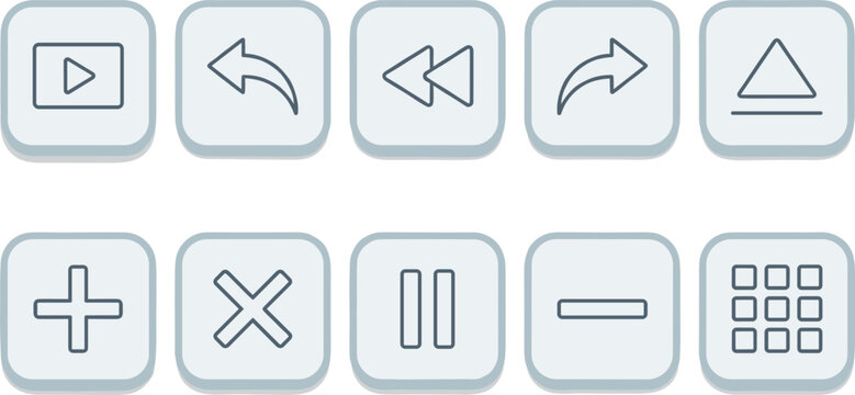 Minimalist media player interface button icon set including play pause rewind eject plus minus undo redo and grid menu keys for application UI design.