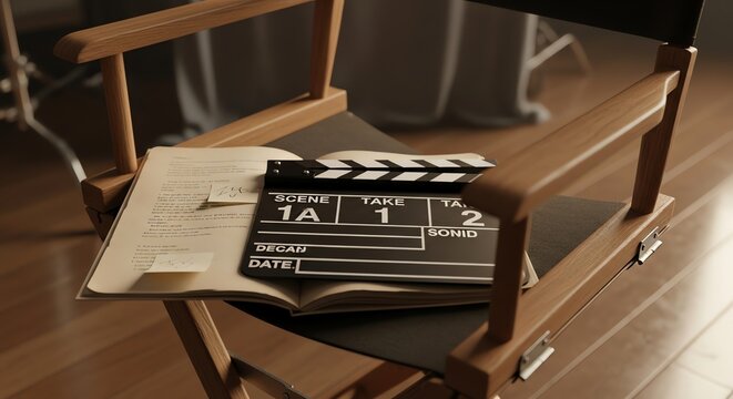 Film clapperboard resting on an open script on a wooden director chair inside a professional film production studio set lighting