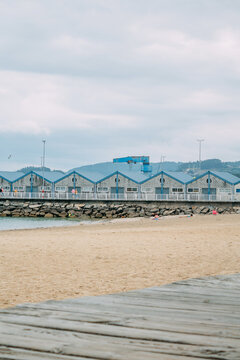 Typical blue fishermen's houses on the coast, Bueu, Galicia, Spain