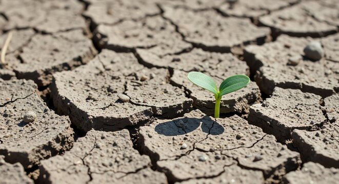 A small green plant seedling sprouting from dry cracked earth in high angle shot, natural sunlight, conceptual style, resilience and hope theme