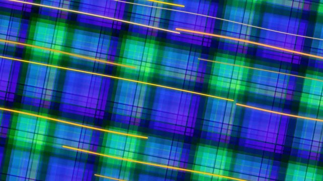 Abstract plaid background with intersecting neon lines blue green and purple tartan design for contemporary aesthetic and decorative element