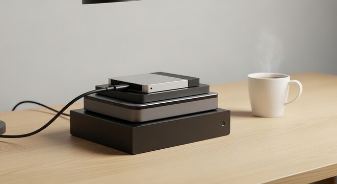 Stack of modern external hard drives and a coffee cup on a wooden office desk under warm indoor lighting realistic style