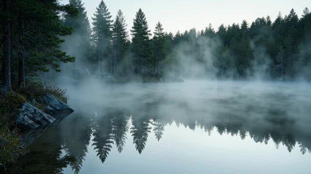 Dense morning mist drifts silently over the calm surface of a remote mountain lake while towering evergreen trees stand watch amidst the chilly atmosphere within this peaceful and serene