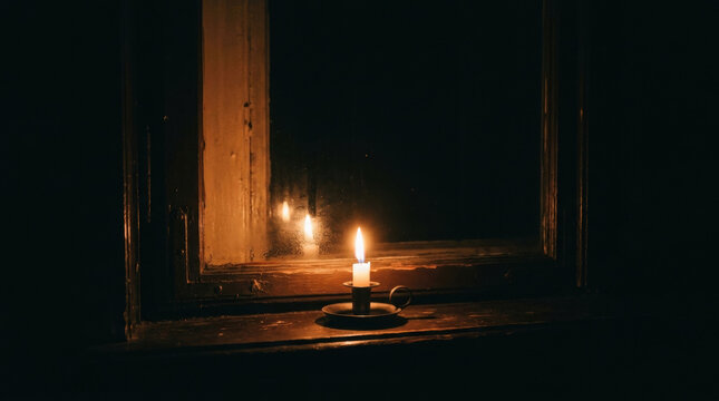 Candle flame glowing in dark room near window reflecting light symbolizing energy crisis and power shortage during night time
