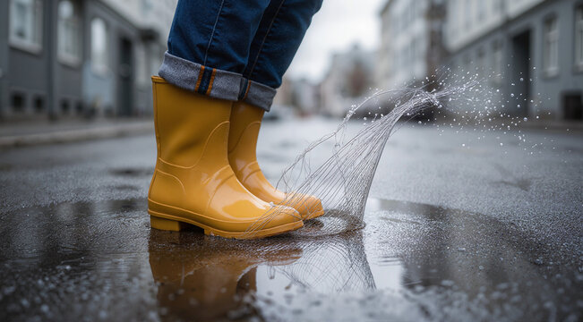 Yellow rain boots splashing through puddle on rainy street representing childhood joy and rainy day lifestyle