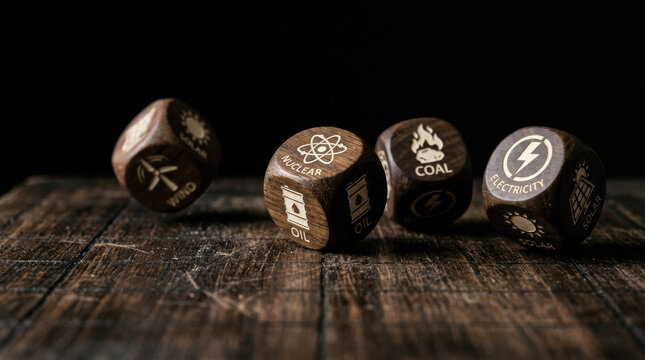 Energy crisis wood nuclear oil coal electricity solar dice game decision power fuel choice dark wooden texture closeup concept risk strategy