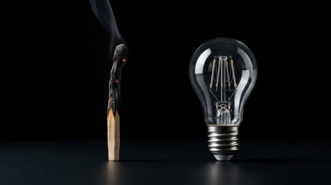 Burnt matchstick and clear light bulb on black background symbolizing energy crisis and power shortage concept