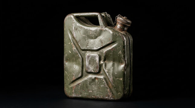 Old metal fuel canister energy crisis concept with scratched surface and dark background for emergency storage and supply