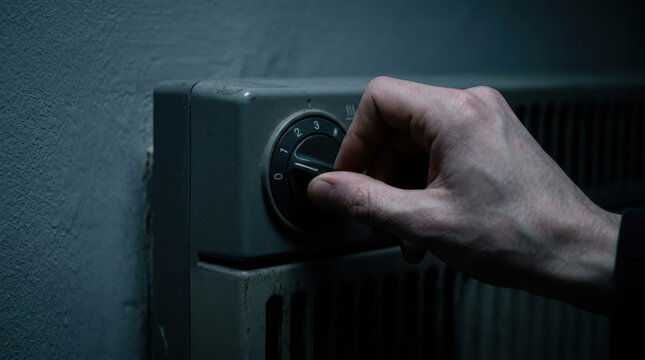 Hand adjusting thermostat on old heater in dim room showing energy crisis impact on heating control and comfort during cold season