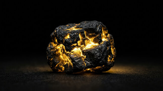 Glowing coal energy crisis concept with burning black charcoal piece emitting warm light on dark background