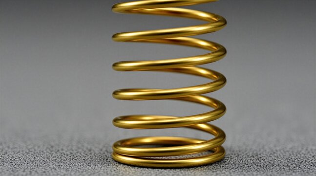 Shiny gold coil spring stands upright on gray surface. Minimalist metal mechanical object with smooth texture represents industrial engineering component. Automotive shock absorber part displays