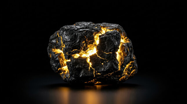 Glowing coal piece emits warm energy light symbolizing power and crisis impact in dark environment with intense heat and burning texture