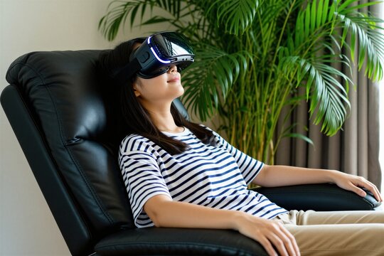 Young woman wears virtual reality headset sitting in leather recliner chair at home. Female person experiences digital meditation, gaming immersion for wellness leisure. Modern device helps relax