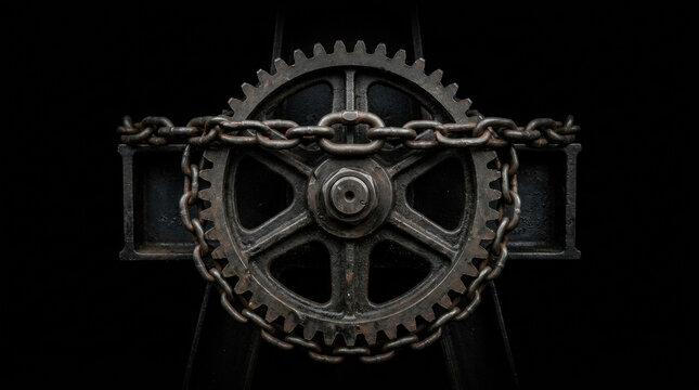 Rusty metal gear locked with chain symbolizes energy crisis and industrial shutdown in dark background