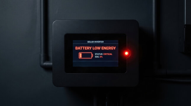 Battery low energy warning on solar inverter screen shows critical status during energy crisis in dark room