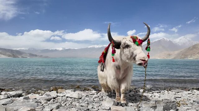 White domestic yak on pebble shore of Baisha Lake with fur blowing in wind Bulunkou Xinjiang China