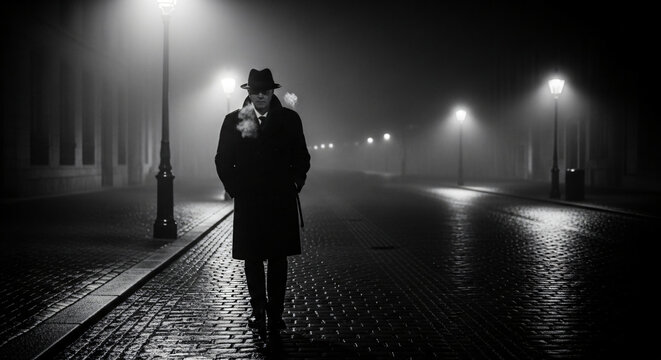 Man walks alone on a deserted road at night