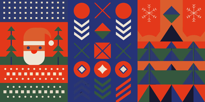 Geometric Holiday Pattern With Santa Claus And Snowflake Motifs