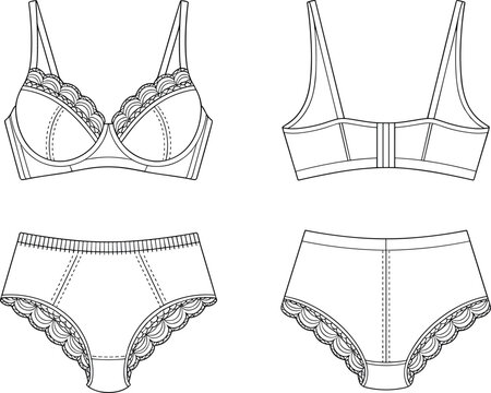 Sensual technical sketch of women underwire bra and high waisted brief set featuring decorative scallop trim for intimate apparel flat vector illustration