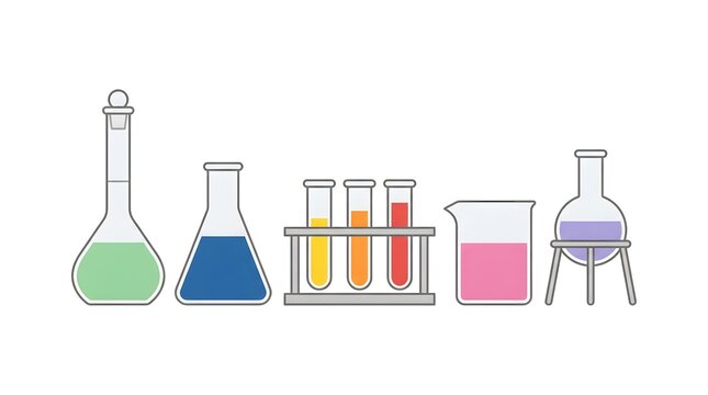 Flat vector illustration of laboratory glassware including flasks, test tubes, beaker, and chemistry equipment with colorful liquid isolated on white background for science and research concepts.