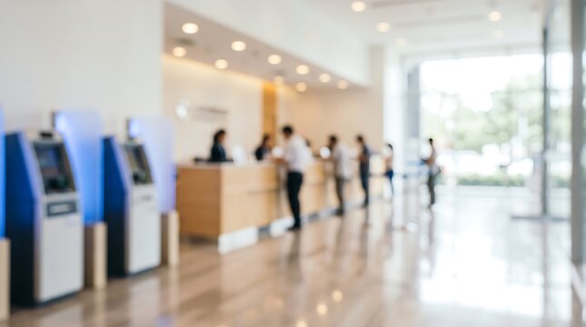 Blurred bank lobby interior showing customers at service counter and automated teller machines for financial transactions in professional banking environment setting