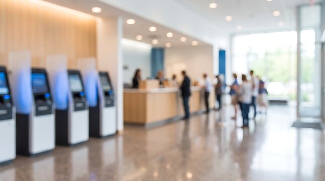 Soft focus view of bank lobby with customers in line at service counter and automated teller machines for financial banking services in professional office environment