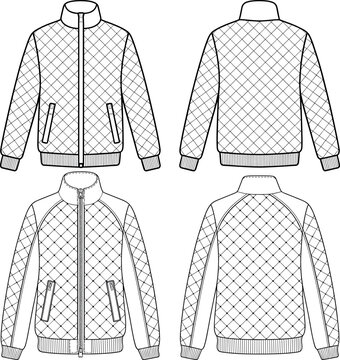 Sporty long sleeve diamond quilted jacket featuring zip-up front and ribbed cuffs for unisex outerwear apparel production technical vector flat sketch
