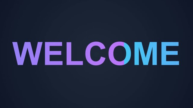 A vibrant digital graphic displaying the word WELCOME in a bold, sans-serif font with a smooth color gradient transitioning from purple to blue, set against a dark, minimalist textured background.