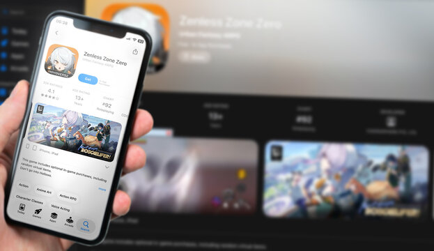 Zenless Zone Zero App Store Listing for Roscaelifer Update Displayed on Smartphone Held Against Blurred Background