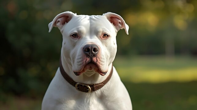 White pitbull dog portrait on a grey background