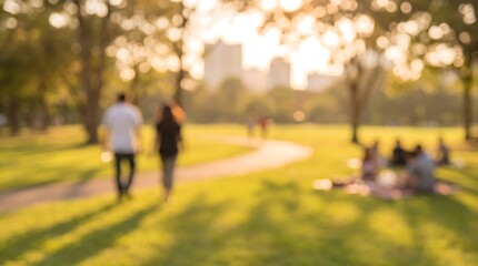 Obraz premium Couple walking along winding path in sunny city park with blurred background of trees and distant buildings during golden hour for romantic outdoor leisure and urban lifestyle concept