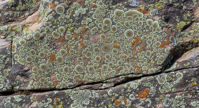 Natural lichen growing in circular patterns on the surface of a mountain rock face