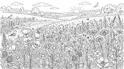 Obraz premium Detailed Wildflower Meadow Landscape Coloring Page with Sunrise and Birds