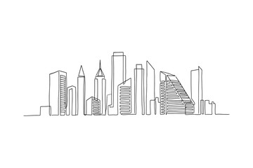 Obraz premium A continuous single line drawing of a modern city skyline with skyscrapers.