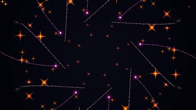 Abstract starburst pattern of sparkling golden stars and delicate pink trails against a dark backdrop; decorative design element for festive projects