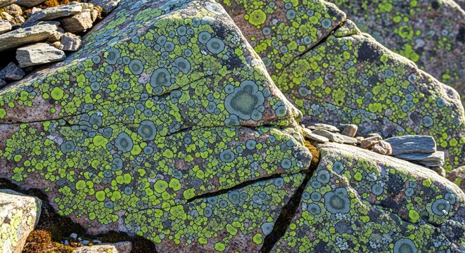 Natural lichen growing in circular patterns on the surface of a mountain rock face