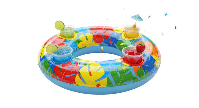 Inflatable tropical pool float beverage holder with colorful summer drinks isolated on a professional transparent background
