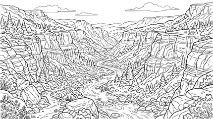 Obraz premium Mountain Canyon Landscape with Winding River Nature Coloring Page for Adults