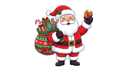 Fototapeta premium Cute cartoon Santa Claus carrying a sack full of Christmas gifts and holding a present, holiday vector illustration isolated on white background