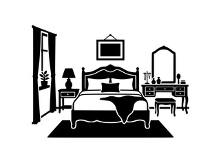 Fototapeta premium Bedroom interior furniture silhouette vector illustration