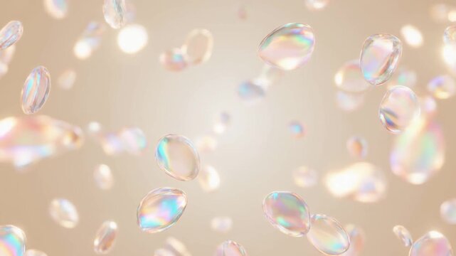 Ultra realistic mother of pearl micro flakes drift through soft ivory light with iridescent blush, aqua and champagne tones, creating a premium beauty background with elegant copy space.