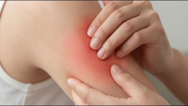 Sensitive skin allergic concept, Woman itching on her arm have a red rash from allergy symptom and from scratching