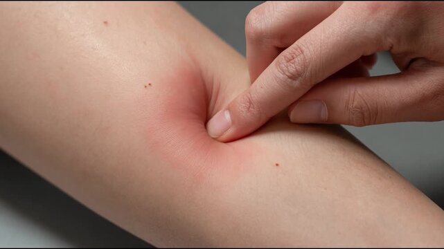 Sensitive skin allergic concept, Woman itching on her arm have a red rash from allergy symptom and from scratching