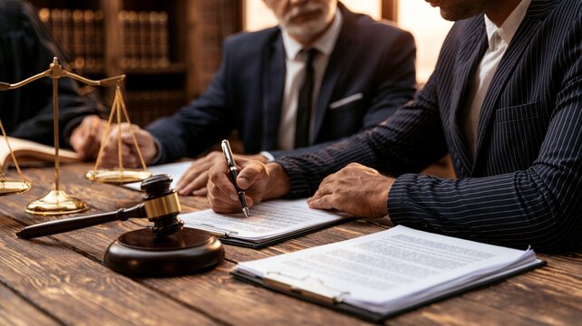 A judge's signature on a wooden table with his gavel and the scales of justice
