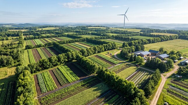High-Angle Drone View of Sustainable Agroforestry Farm with Crop Rows and Wind Turbine for Environmental Advocacy and Green Agriculture B2B Marketing