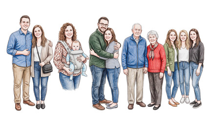 Fototapeta premium Collection of diverse people groups and families, hand drawn colored pencil illustration of couples, friends, and multi generational families