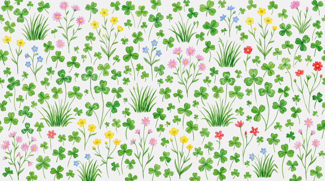 Seamless pattern of hand drawn wildflowers and green clover leaves on light background