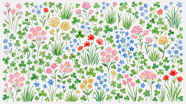 Seamless pattern of hand drawn wildflowers and green clover leaves on light background